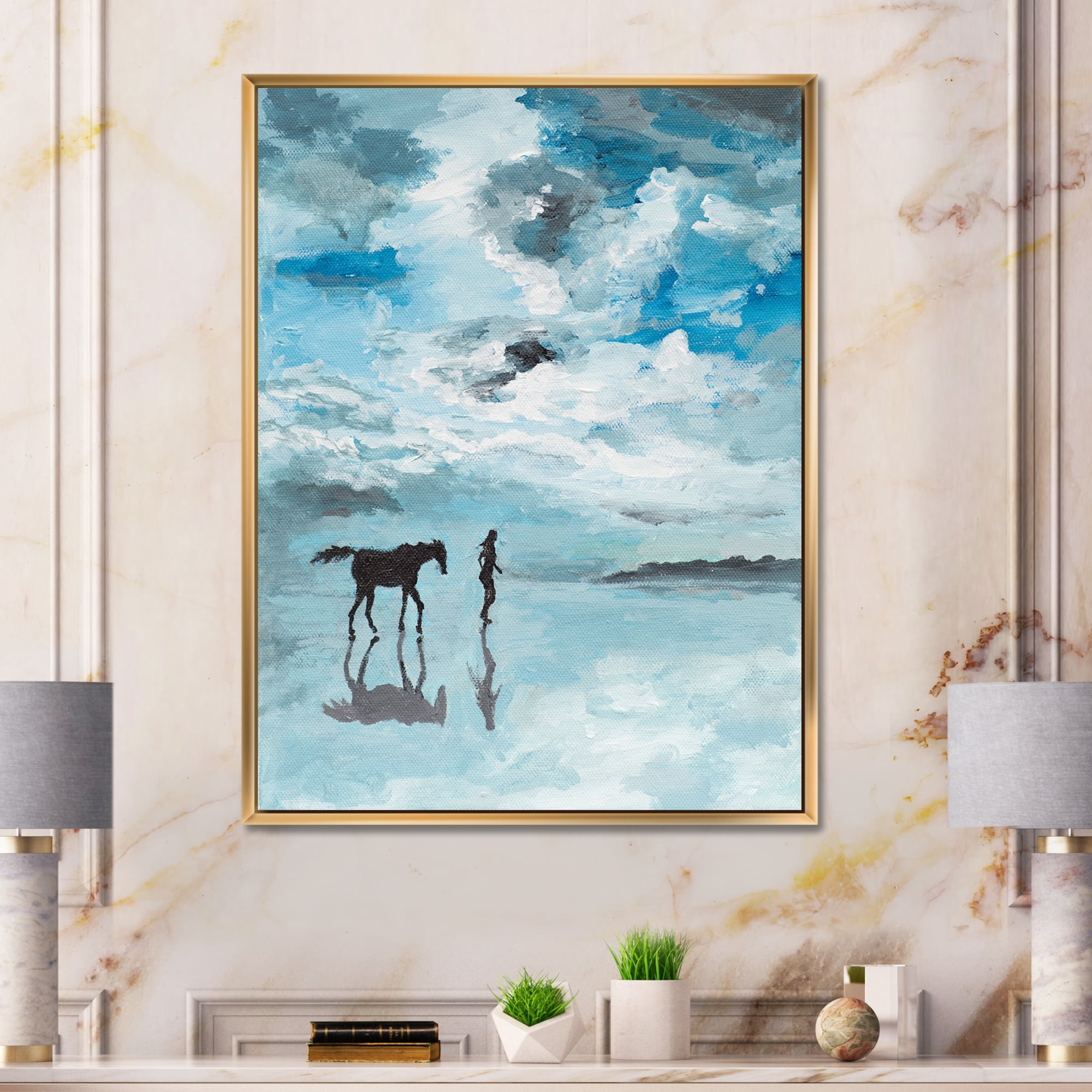 Peaceful Scene Of Horse and Man Running By The Water 24 in x 32 in Framed Painting Canvas Art Print, by Designart