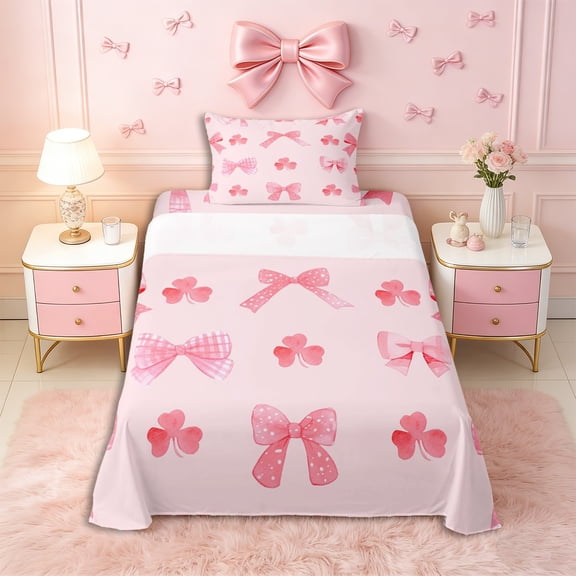 Erosebridal Cute Clover Bow Twin Sheet Sets 3pcs for Girls,Kids Teens Dreamy Flowers Bowtie Bedding,Super Cozy Room Decor