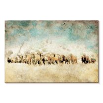 Elephant Stock Roaming Horses Wall Art - Horizontal Canvas Wall Art - Living Room Wall Decor - Animal Canvas - Blue And Brown Decor By Ynon Mabat - 24" x 16"