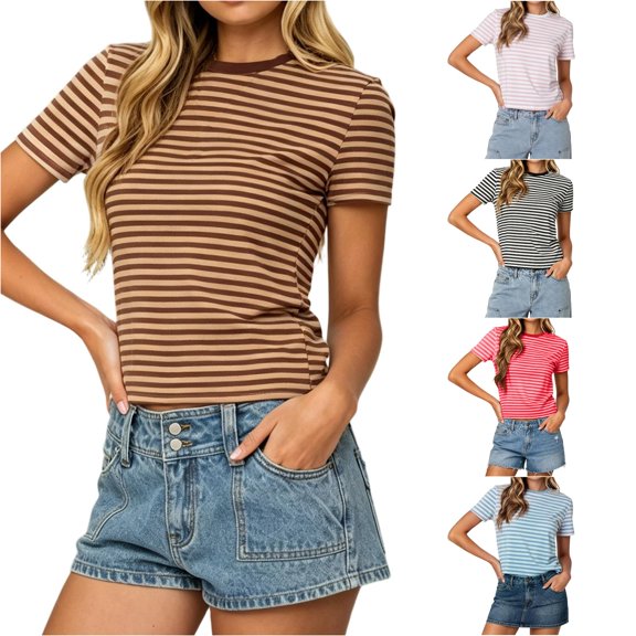DHFJKG Crop Tops For Women Striped Tees Slim Fit Short Sleeve Crew Neck Summer T Shirt