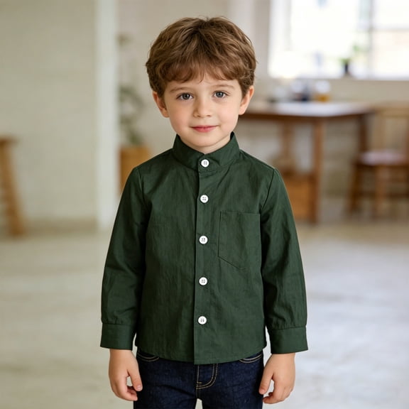 Boys'Long Sleeve Dress Shirt Army Green Button Down Summer School Uniform Shirts for Kids 2T