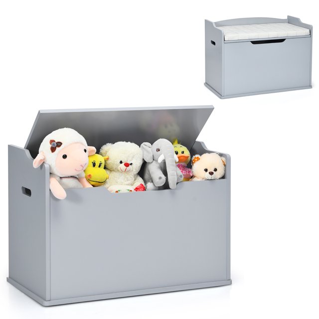 Babyjoy Coffre à Jouets pour Enfants en Bois à Couvercle Rabattable Banc de Rangement avec Coussin Charnière de Sécurité