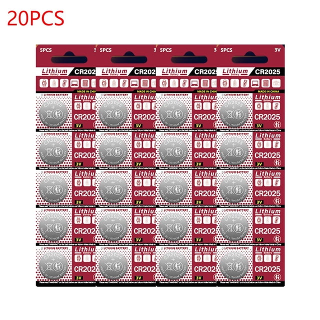 batería de litio cr2025 cr 2025 3v dl2025 br2025 kcr2025 para coche, control remoto, reloj, botón, celdas de monedas Paquete blister de 20 piezas visto frontalmente, lámina con 20 pilas botón plateadas marcadas CR2025 3V sobre fondo rojo con texto blanco, diámetro 20 mm y altura 2.5 mm, adecuada para controles remotos y relojes; también suele ser adecuada para llaveros y pequeños dispositivos electrónicos.