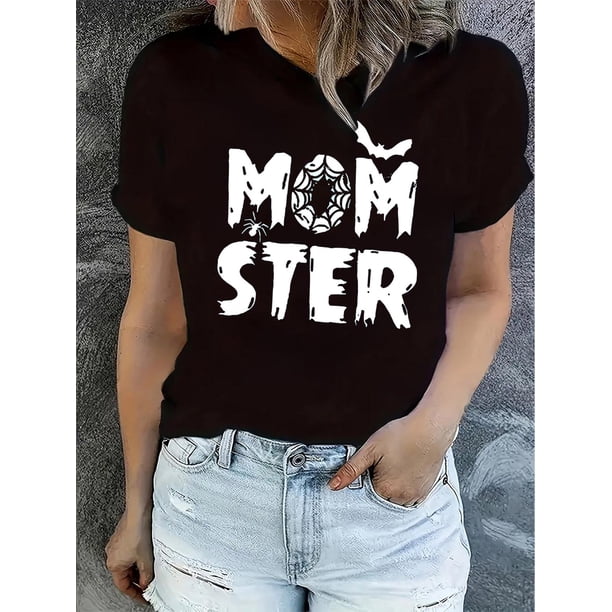 Camiseta para mujer verano1pc Women'S Casual Crew Neck T-Shirt with Geometric Monster Bat Print, Polyester Knit Fabric, Medium Stretch, All-Season Comfort FitFather's Day, Mother's Day, New Year, Sp