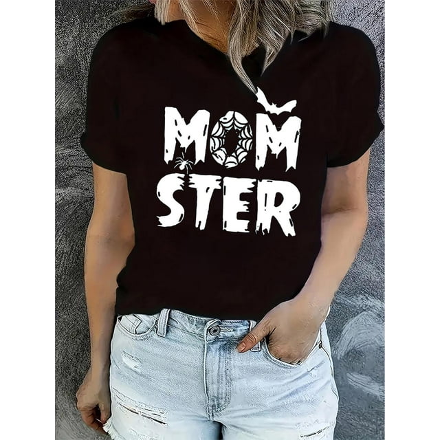 Camiseta para mujer verano1pc Women'S Casual Crew Neck T-Shirt with Geometric Monster Bat Print, Polyester Knit Fabric, Medium Stretch, All-Season Comfort FitFather's Day, Mother's Day, New Year, Sp