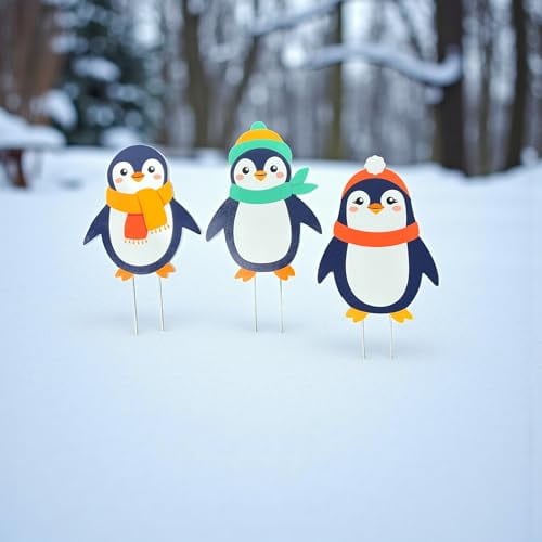 Christmas Penguins Yard Signs Set of 3 - Outdoor PVC Holiday Decorations with Stakes – Fun Yard Décor