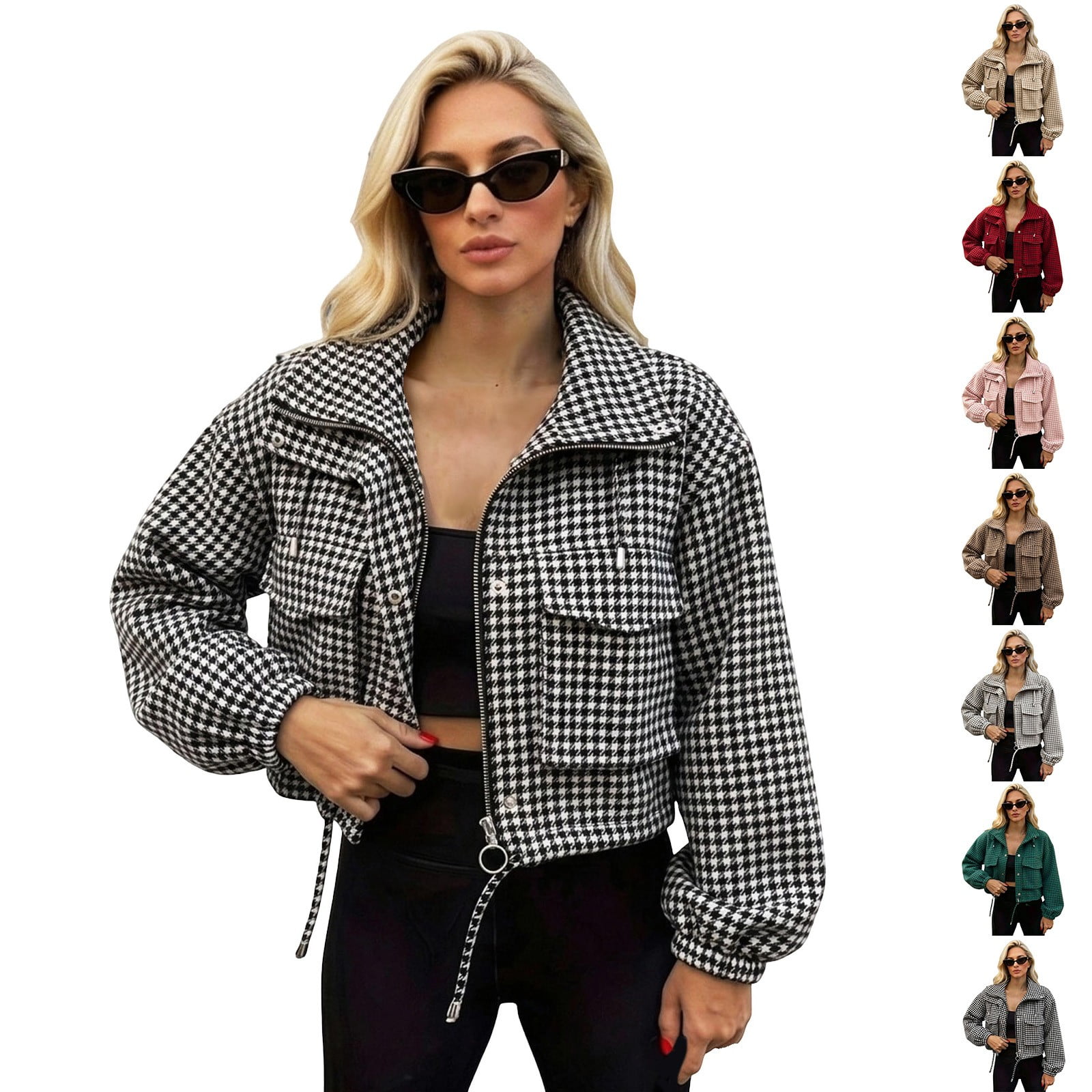 MuXiKeJi Clothes Women's Casual Stand Collar Houndstooth Plaid Wool Pea Coat Zip Up Fleece Lined Dressy Bomber Jacket