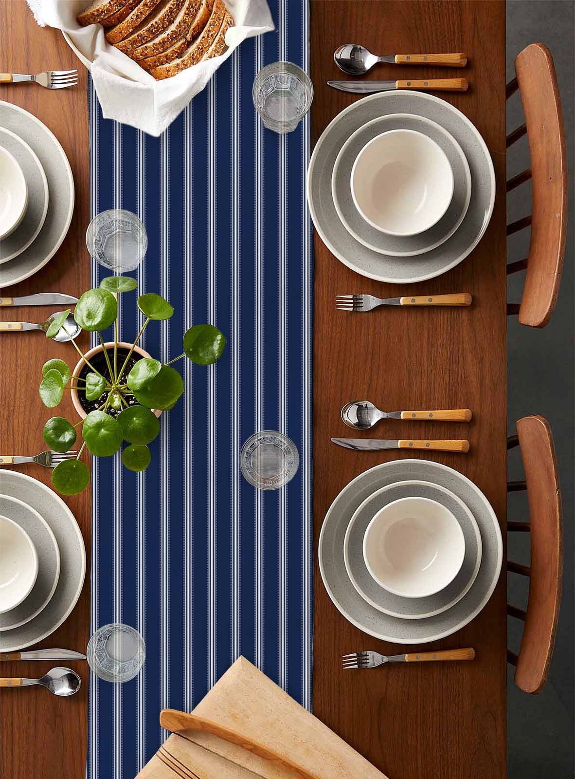 ERUNPONLY Navy Blue Striped Table Runner - 48 Inch Long Navy Blue White Farmhouse Stripes Cotton and Linen Blended Dress Scarves Farmhouse Table Runner for Kitchen Dining, Coffee Table, 13" x 48"