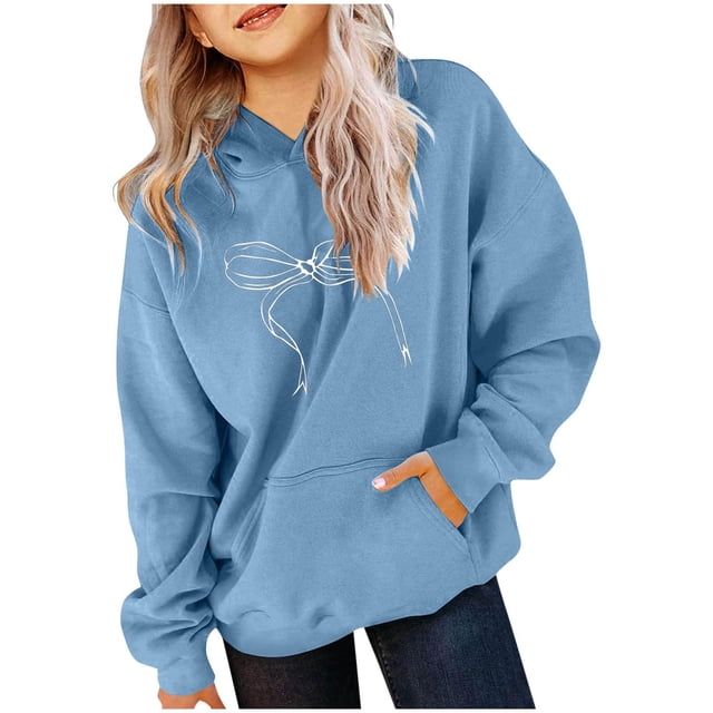 MeetoTime Chandails en Molleton à Manches Longues pour Enfants Col Rond à Capuche Motif Nœud Pull Décontracté pour Garçons Filles