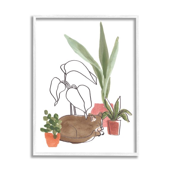 Stupell Industries Sleeping Cat Indoor Pet Terracotta Plants Big Palms, 24 x 30, Design by June Erica Vess