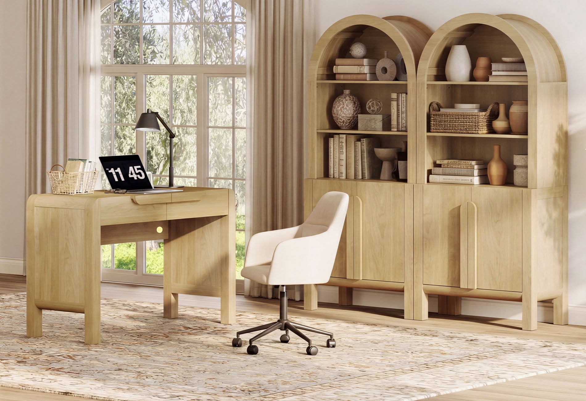 Home Office Set, 47" Modern Executive Desk with Charging Station and Drawers & 2 Piece 71"H Tall 5-Tier Arched Bookcases with Storage Cabinet for Living Room, Bedroom, Home Office
