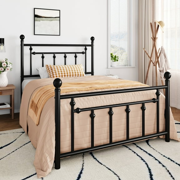 Amolife Twin Bed Frame, Metal Platform Bed with Vintage Headboard & No Box Spring Needed, Black