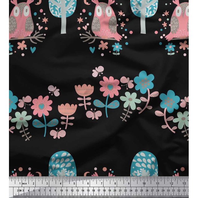 Soimoi Cotton Duck Fabric Floral,Tree & Owl Kids Print Fabric by Yard 42 Inch Wide
