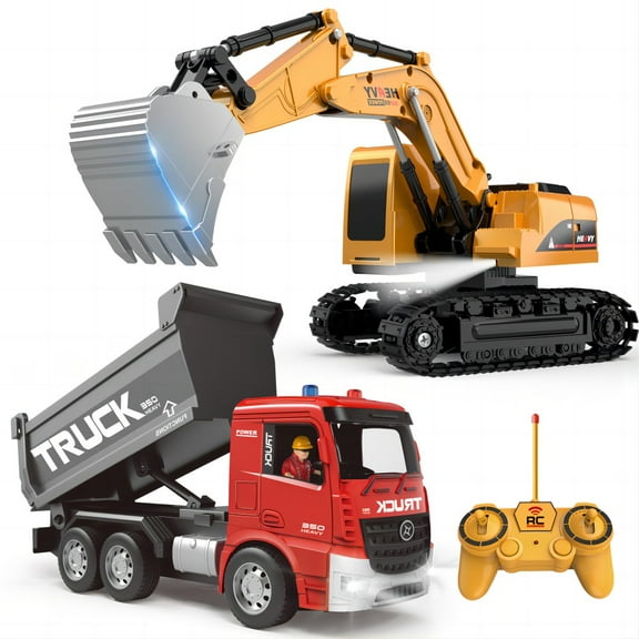 RC Excavator Dump Truck 2-in-1 Toy Set, 1 to 22 Scale RC Electronic Model, 6-channel, 12m Remote Control Distance, 3.7V, 800mAh Lithium Battery, Toys for Children