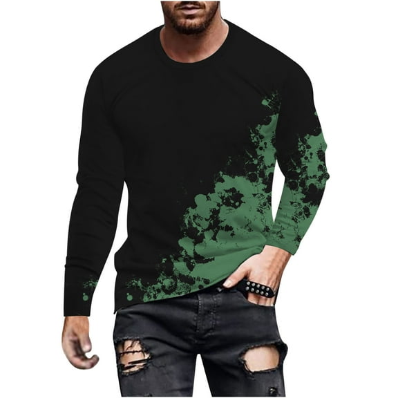 Qingpeng Mens Graphic T-Shirts Casual Print Shirts Fall Round Neck Long Sleeve Shirts Slim Fit Daily Basic Shirt