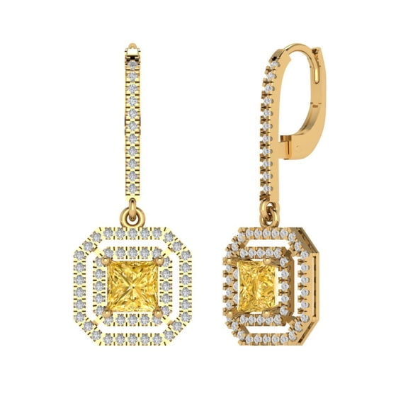 2.8174 ct Lever-Back Drop Dangle Earrings for Women | 5.5mm Princess Cut Simulated Yellow Diamond | 14K Yellow Gold