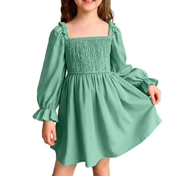 SGMVNU Girls Fall Dress Lantern Long Sleeve Square Neck Ruffled Dress Kids Solid Color Smocked Dress for Age 6-7 Years, Green