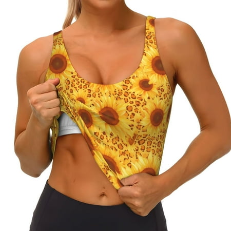 Qokaie Vintage Leopard Print Sunflower Pattern Womens Scoop Neck Sports Bra Breathable Workout Vest Padded U Back Medium Impact Fitness Gym Yoga Bra Workout Crop Top