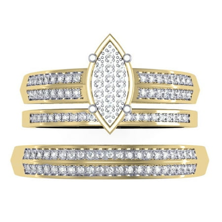 14k Mens Diamond Rings - 0.30 Carat (ctw) 14K Gold Round Diamond Men & Women's Micro Pave Engagement Ring Trio Bridal Set 1/3 CT