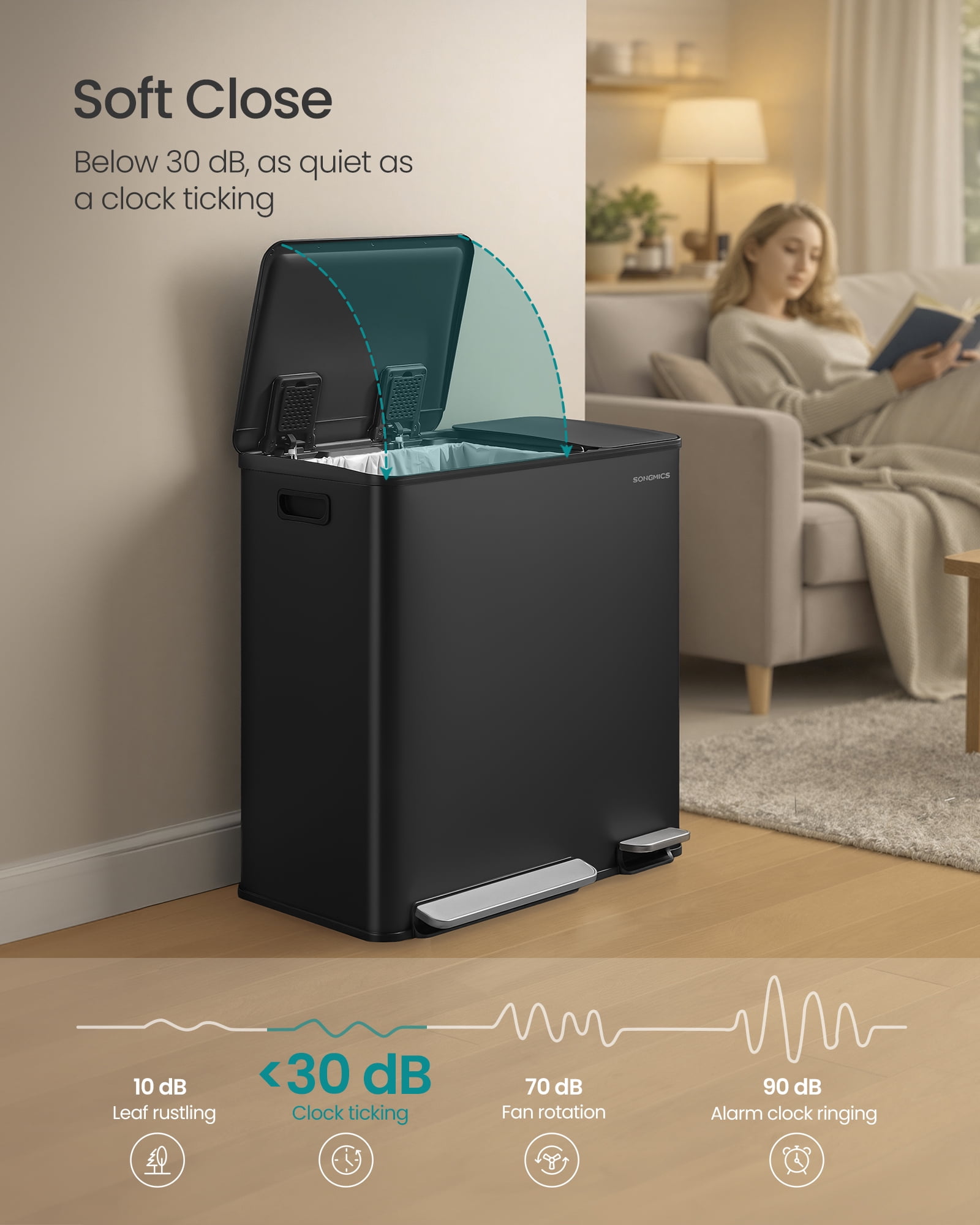 SONGMICS Kitchen Dual Trash Can, 13 + 5.3 Gallon 2-Compartment Trash Bin,Stainless Steel Garbage Can, Pedals, Soft-Close Lids, Inner Buckets, Black
