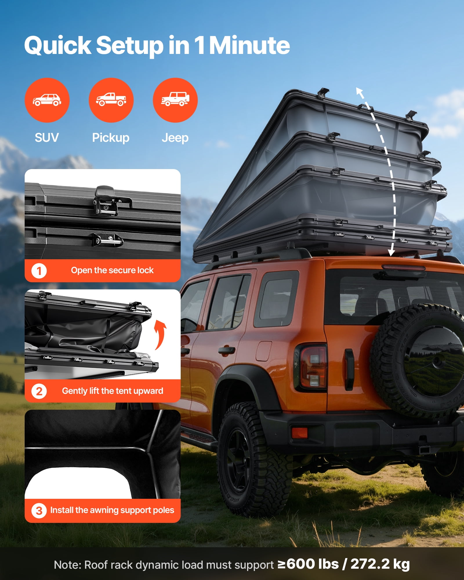 VEVOR Rooftop Tent Hard Shell, 2-3 Person Aluminum Roof Top Tent Hardshell with Tri-Color LED Light, Thick Mattress & Window, Waterproof Windproof Overland Camping Car Roof Rack for Jeep SUV Pickup