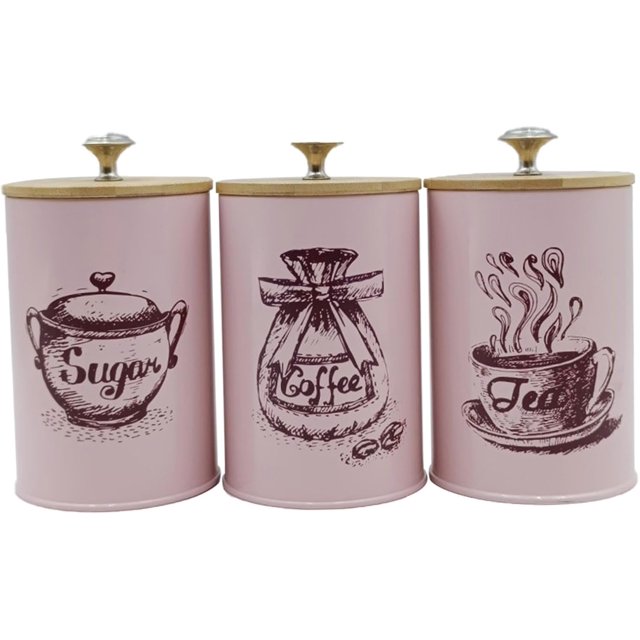 3x Kitchen Canisters Set Coffee Tea Sugar Containers Set Iron Farmhouse Restaurants Stylish Storage Containers Dustproof Lids, Pink
