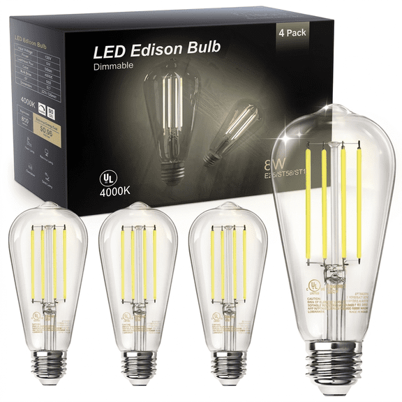DAYBETTER Edison Light Bulbs,60W Equivalent,Dimmable Vintage LED Light Bulbs for Bedroom, E26 Medium Base,Warm White 4000K,ST58,8W, 800LM, 80  CRI,Clear Glass, 4Pack