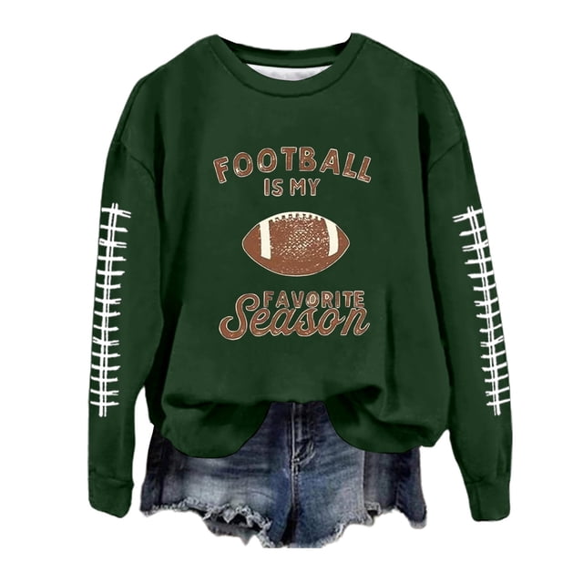 awzxde Chandails pour Femmes Décontractés Légers Col Rond Chandails Manches Longues Graphique de Football Imprimé Chandail Chandails Haut Blouse Vert Foncé