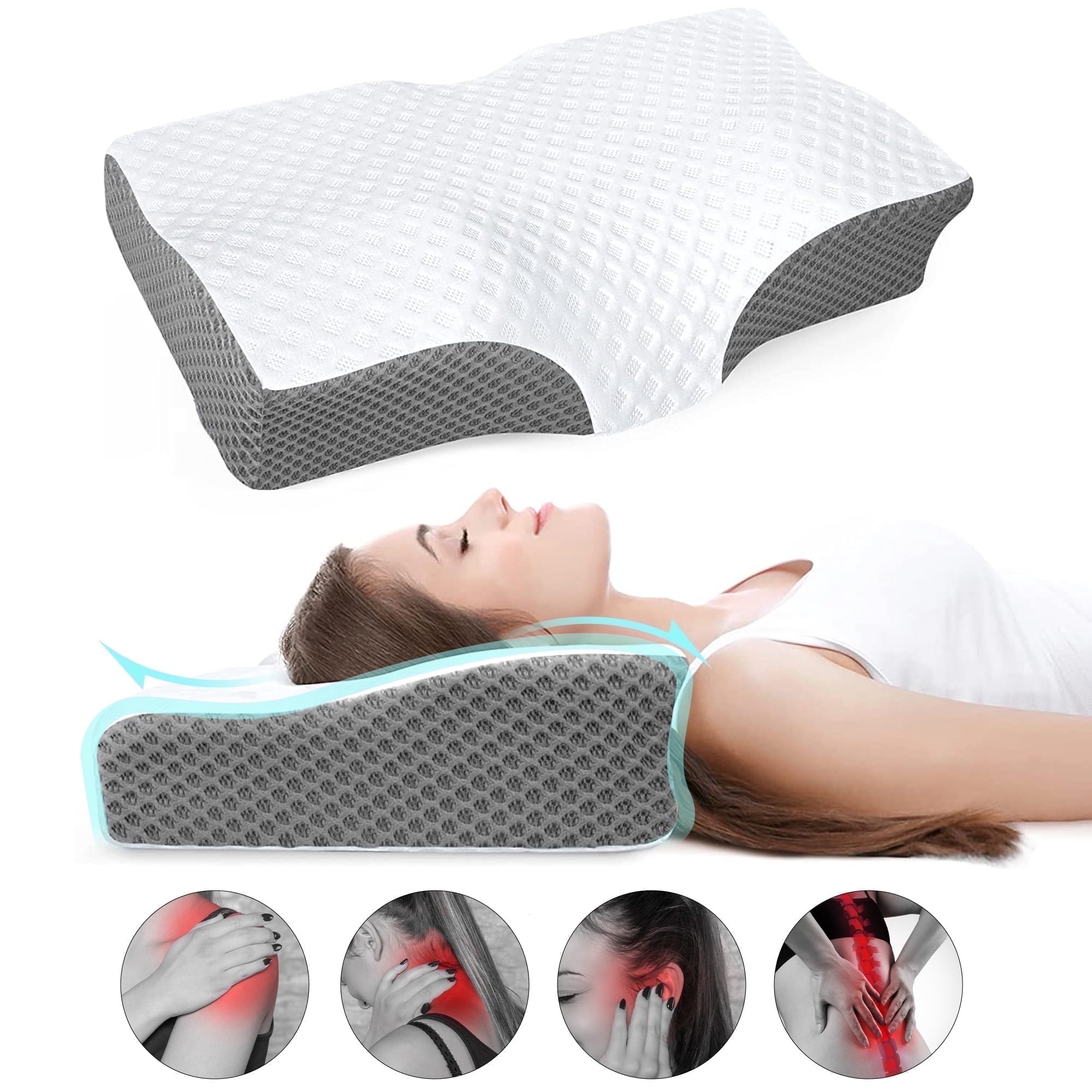 Cervical Neck Pillow for Neck Pain Relief, Ergonomic Memory Foam Pillow Bed Pillows for Body Side Back Stomach Sleeping, 23.6''x 13.3''x 4.3'',White