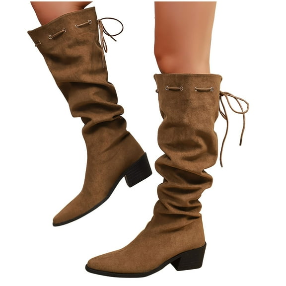 Viluyesy Womens Knee High Boots, Wide Calf Adjustable Strap Chunky Heels Pointed Toe Fall Winter Slouch Tall Boots Khaki US5.5