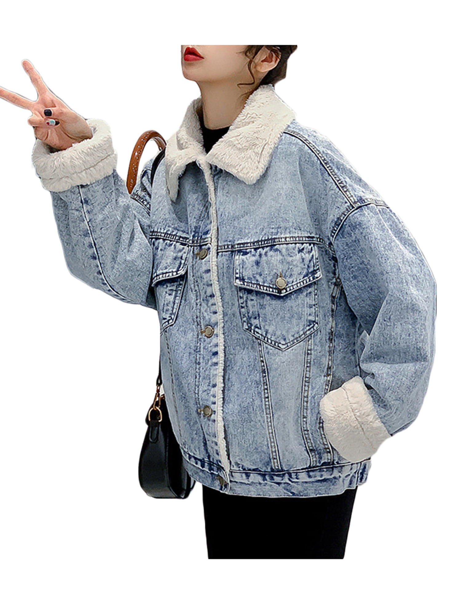 Women Warm Fur Lined Peacoat Short Denim Coat Thicken Jean Loose Winter Jacket 