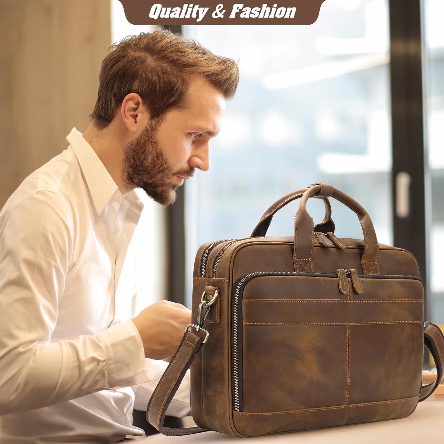 Full Grain Leather Briefcase for Men, Business Messenger Bag Laptop Bag Attache Case, Fits 15.6 Inch Laptop