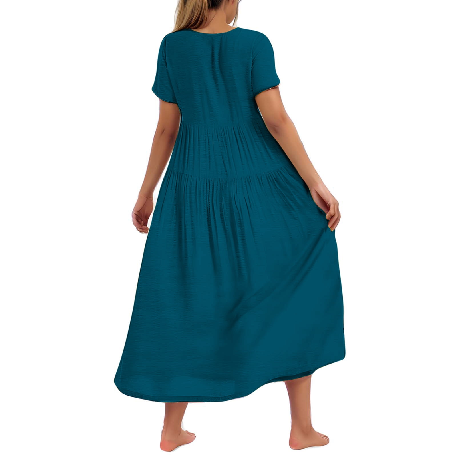 Hueook Casual Dresses for Women Women's Flower Solid Color Casual Short Sleeve Crewneck Dress Casual Flowy Tiered Maxi Beach Dress Dark Blue M