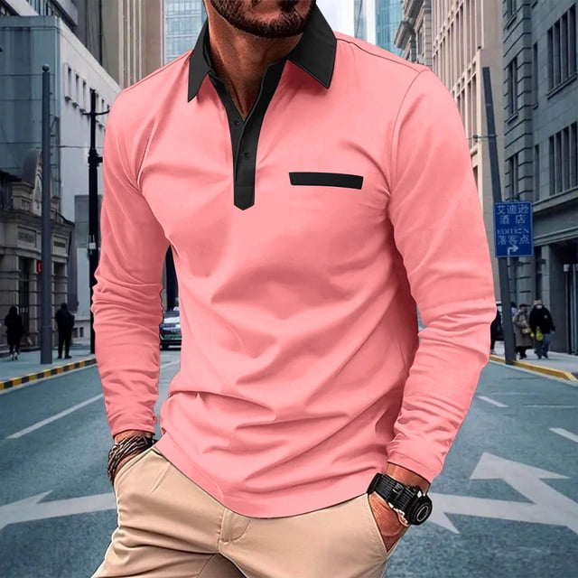 Blusa y camisa de manga larga con cuello vuelto para hombre, informal, lisa, de manga larga, con cuello vuelto, escote en V y botones, de poliéster