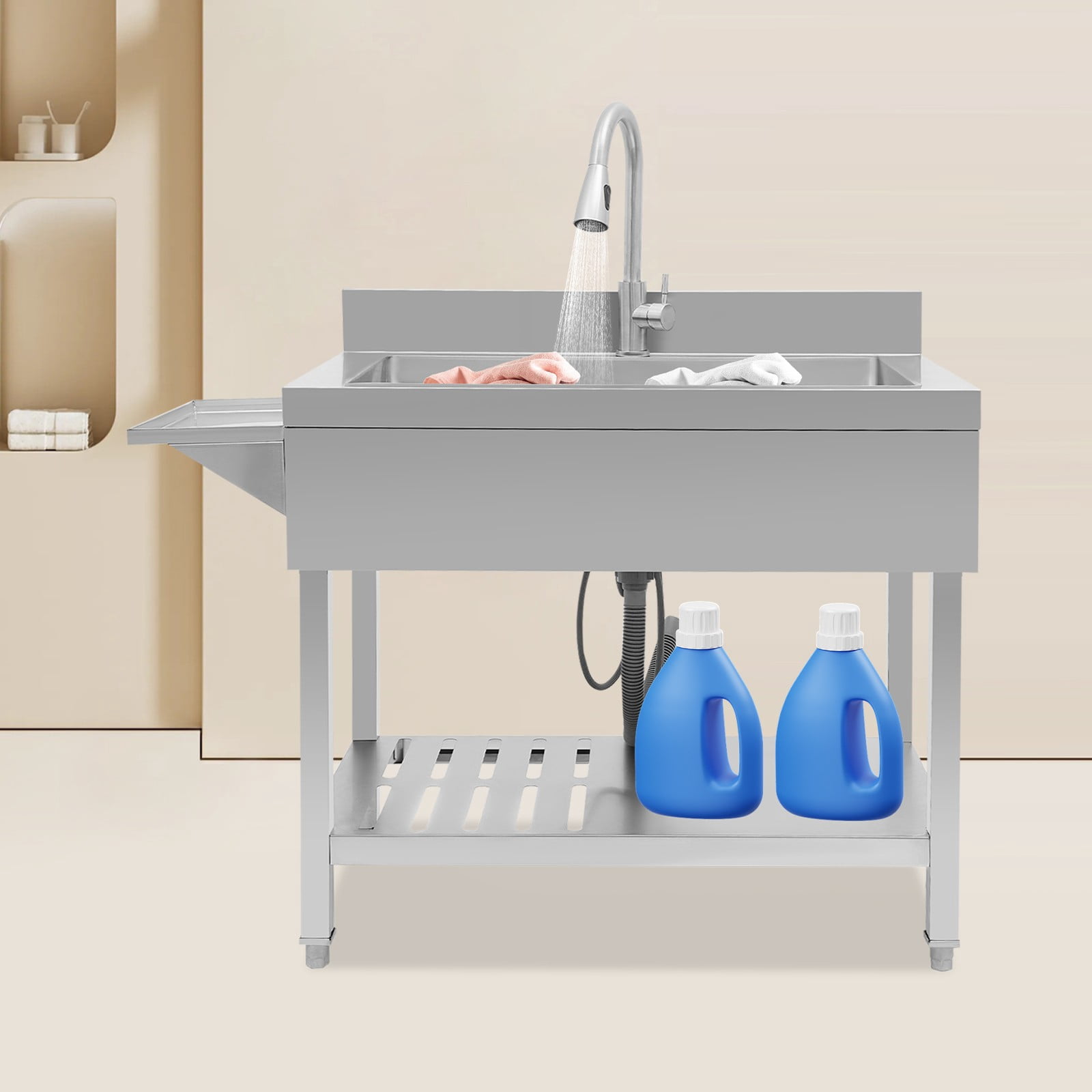 Silver Stainless Steel Single Bowl Sink, 35.4" x 22.4" x 37" Commercial Kitchen Sink Freestanding Prep & Utility Sink with Cold and Hot Water Faucet for Kitchens, Bathrooms, Garage, Laundry Room