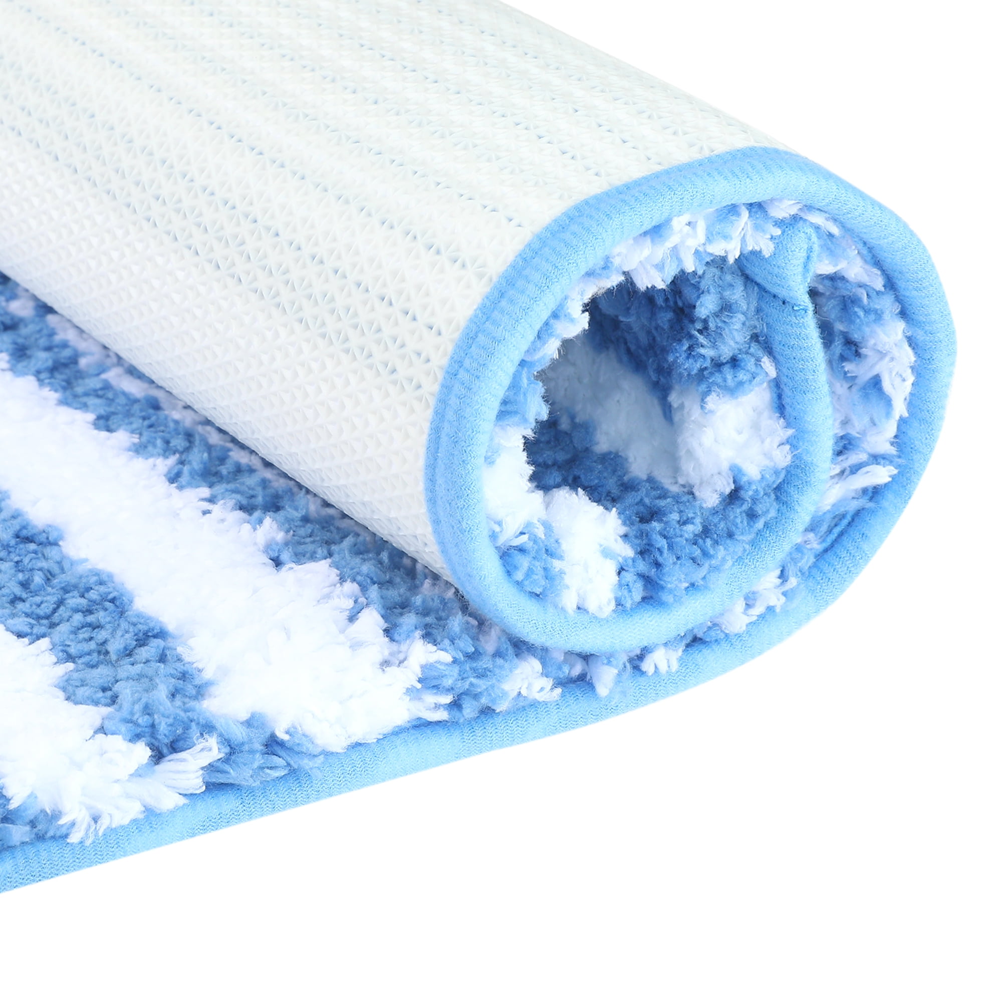 Unique Bargains 2 Pcs Microfiber Fluffy Striped Bath Rugs Non-Slip Absorbent Floor Mat Blue 20" x 32"