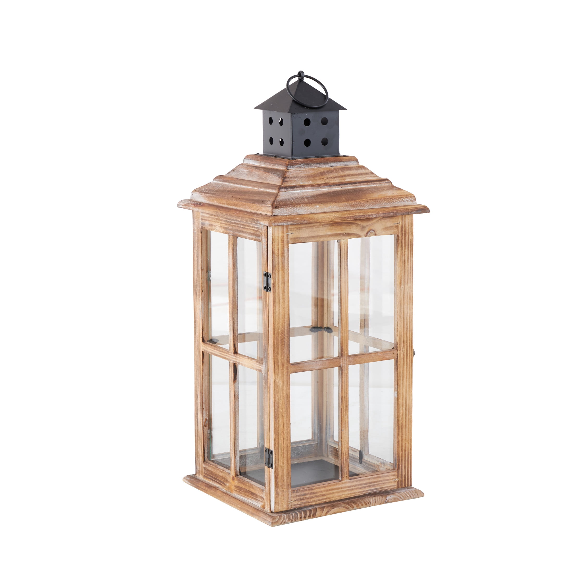 DecMode Brown Wood Light House Decorative Candle Lantern with Black Ring Handle