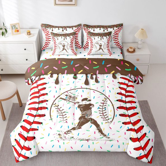 Erosebridal Brown Dripping Baseball Stitch & Batter Silhouette Graphic Twin Bedding Sets 7-Piece, Baseball Graphic Bedding Comforter Set for Boys And Girls Kids,Microfiber Bedroom Decor