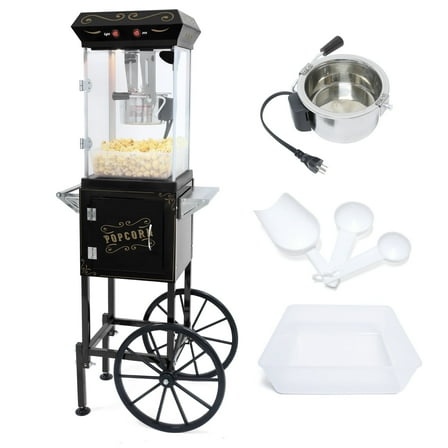 Ganeed Popcorn Maker Machine - Professional Cart With 6Oz 8 Oz Kettle Makes Up to 32 Cups - Vintage Popcorn Machine Movie Theater Style - Black