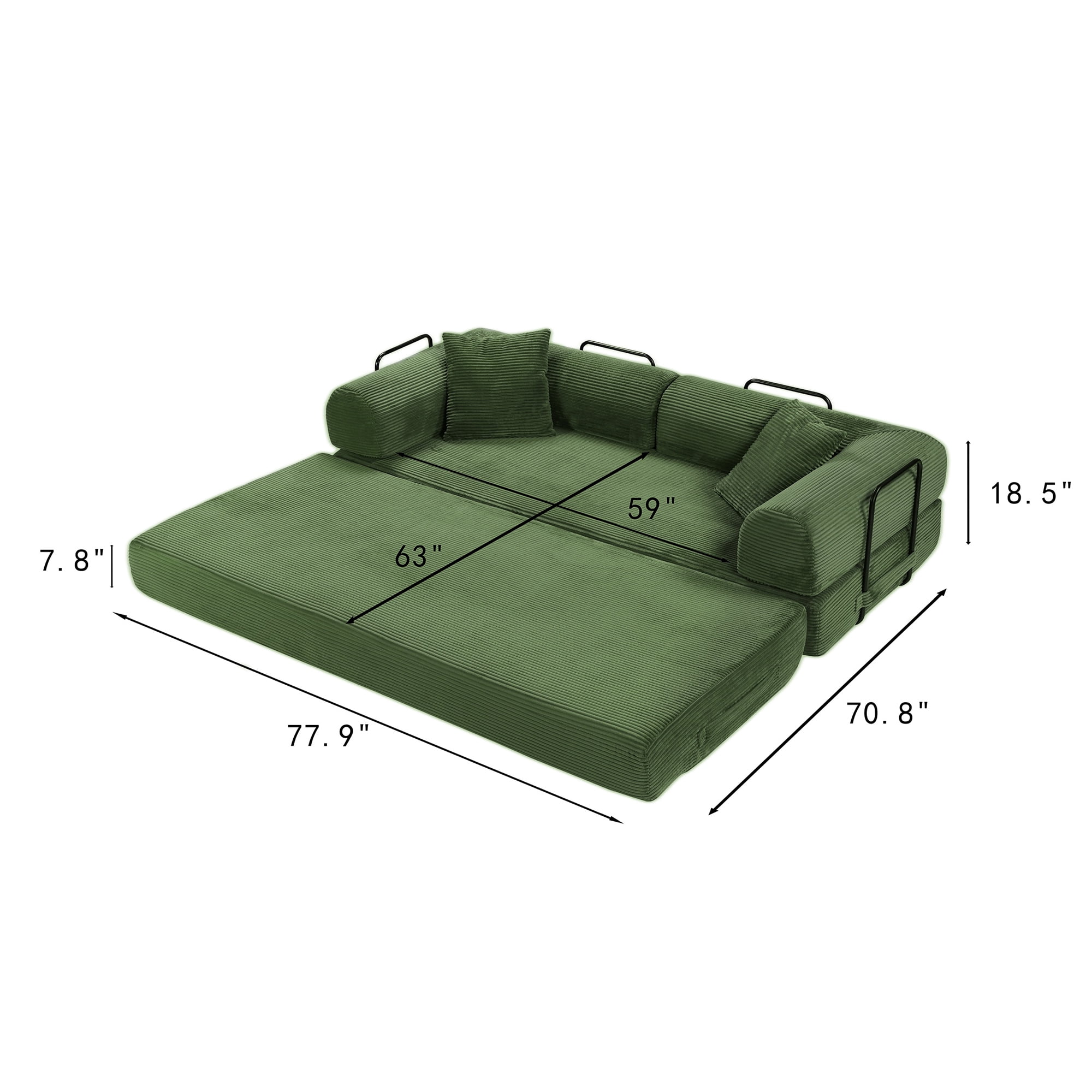 Miniyam Convertible Sleeper Sofa Bed with Cylindrical Pillow - Corduroy Folding Mattress Couch with Fixed-Shape Frame for Living Room, Bedroom, Lounge, Studio - Olive Green