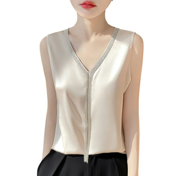 Uaswgudfs Sleeveless V-Neck Satin Tank Top for Women, Ideal for Formal Occasion Wear Beige L