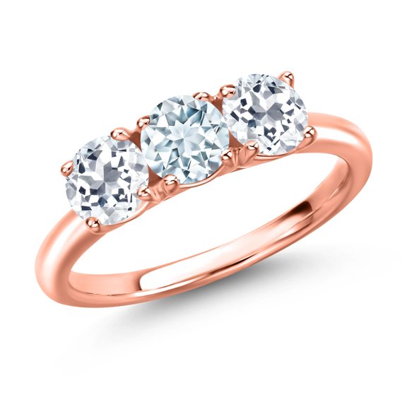 Gem Stone King 18K Rose Gold Plated Silver Sky Blue Aquamarine and White Topaz Engagement Ring for Women | 1.70 Cttw | Round 5MM | Gemstone March Birthstone | Size 5