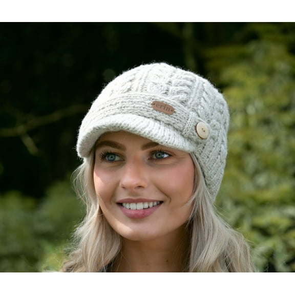 Erin Knitwear Irish Wool Oatmeal Peak Cap For Women, One Size