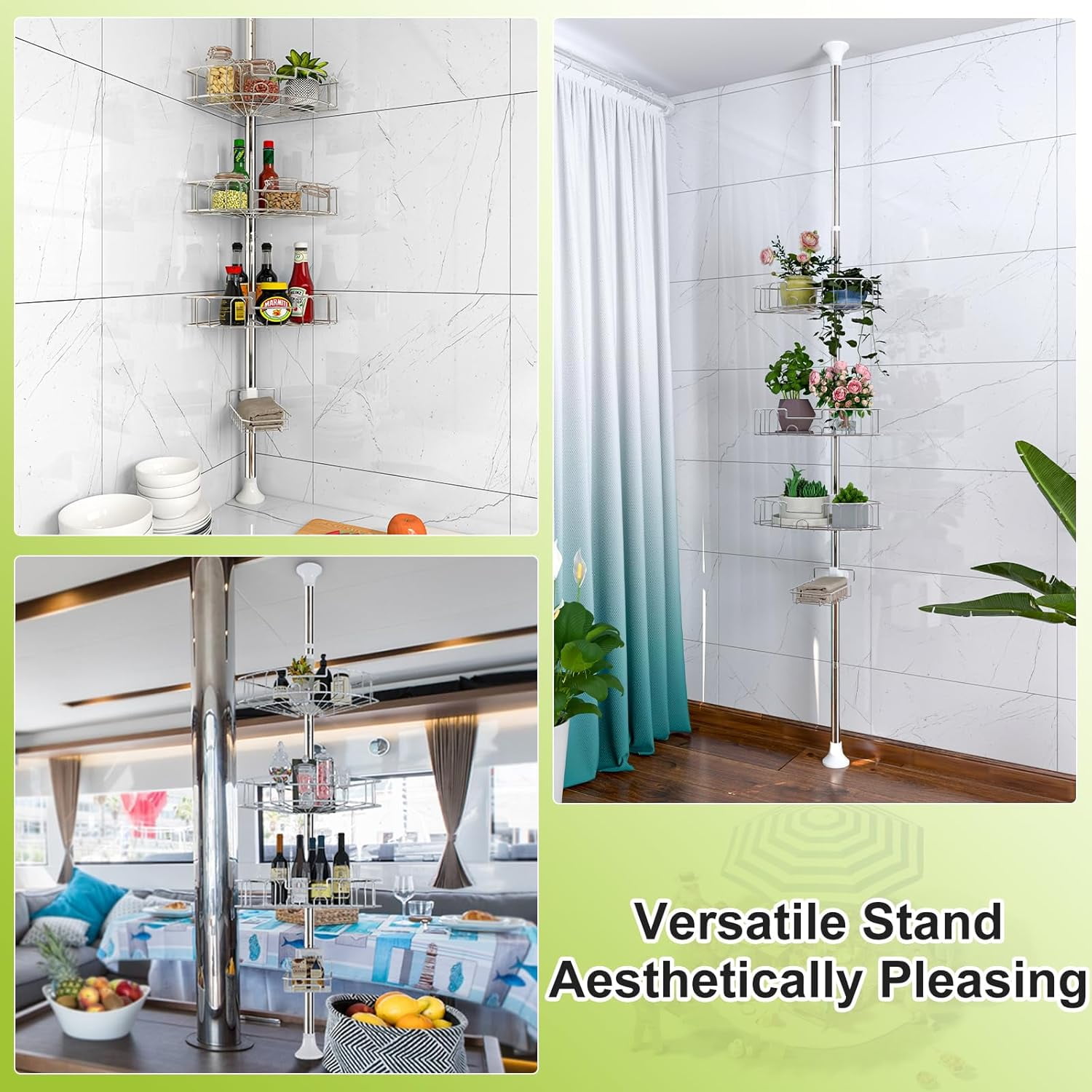 Silver Shower Caddy Corner Tension Pole, Stainless Steel AdjustableCorner Shower Caddy Stand for Bath Inside Shower Organizer Storage, Rust-Resistant, 54 to 125 Inch