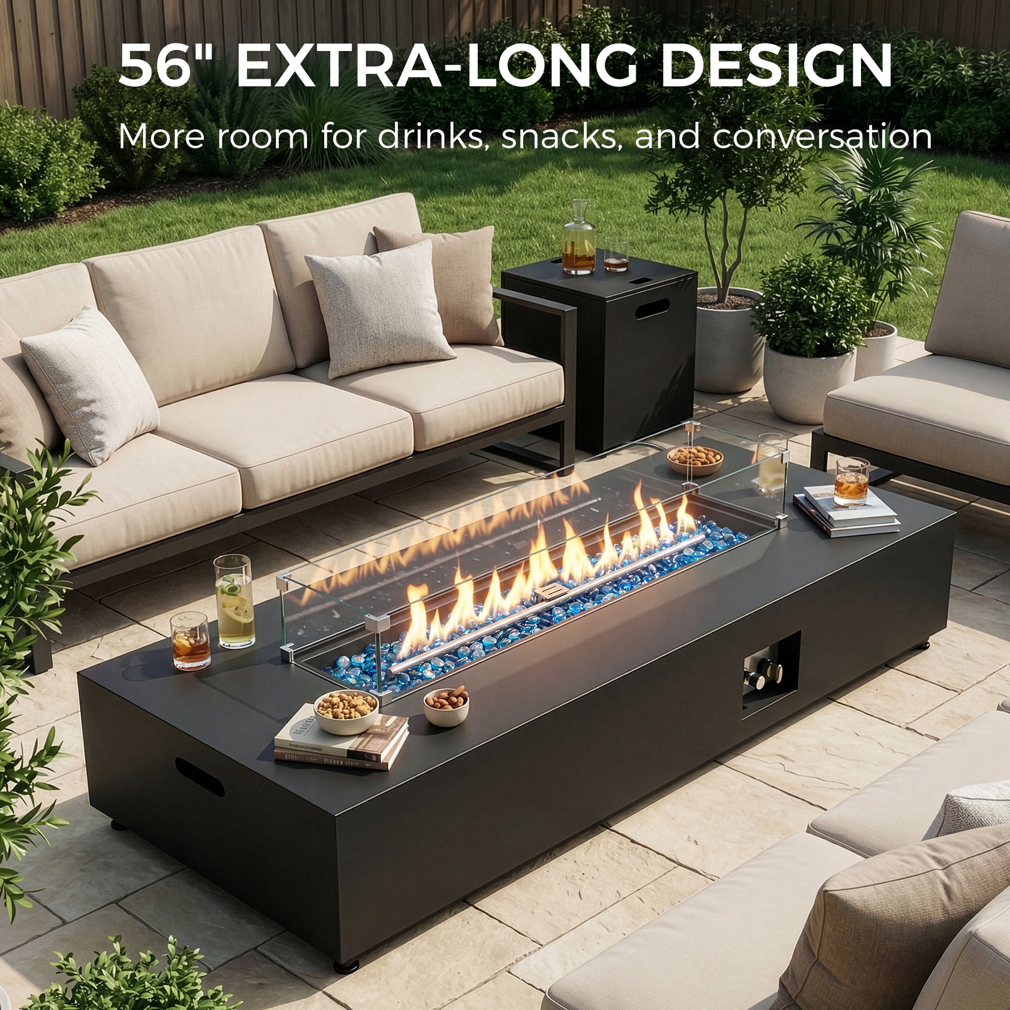 RADIATA 56" Rectangle Propane Fire Pit Table, Dual Fuel Natural Gas Fire Pit Convertible, 50,000 BTU Outdoor Fire Pit Table for Outside Patio, Dark Gray