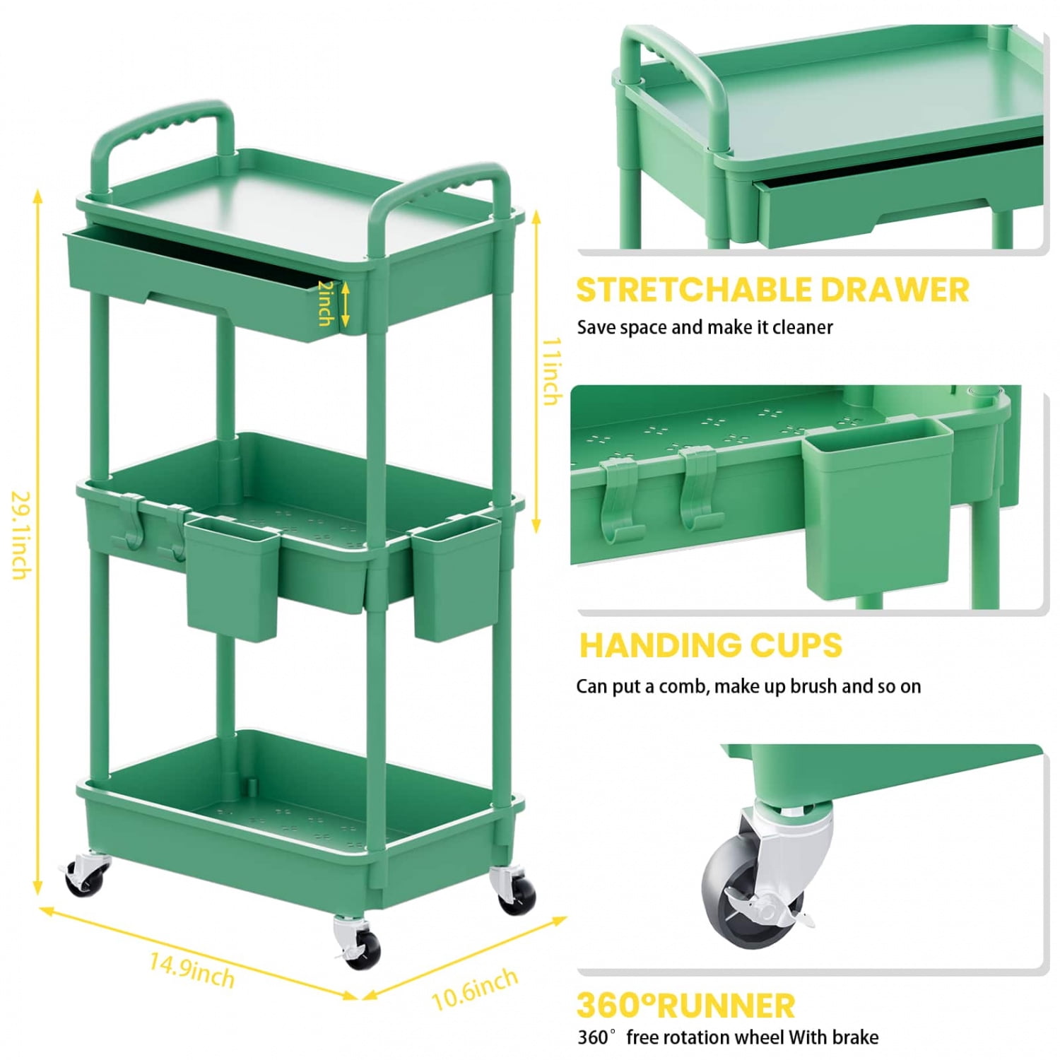 NTGFU 3 Tier Rolling Storage Cart with Drawers Rolling Utility Cart with Drawers,Room Decor,Bathroom Decor,Rolling Utility Cart Rolling Storage Organizer Tool for Kitchen,Green