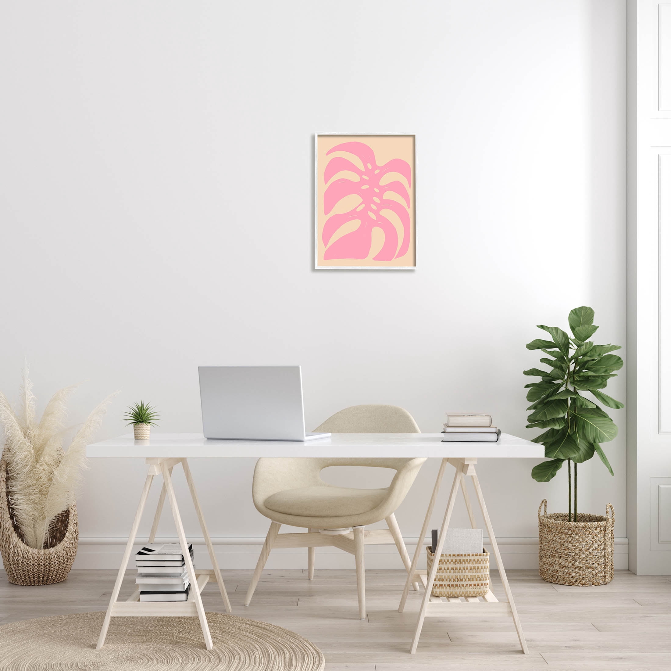 Stupell Industries Pink Tropical Leaf Shape Graphic Art White Framed Art Print Wall Art, Design by Birgit Maria Kiennast