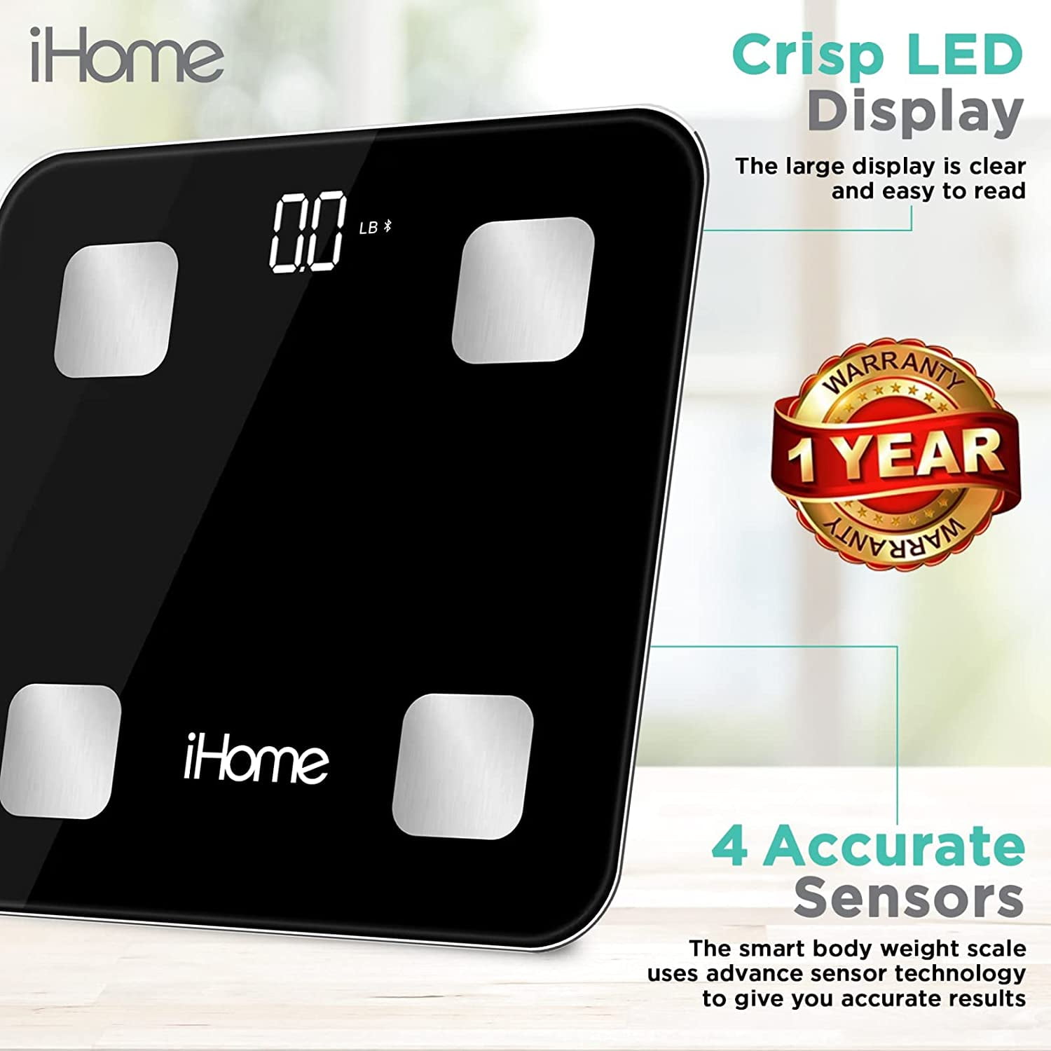iHome Smart 14-in-1 Digital Battery Powered Body Weight & BMI Bathroom Scale with Bluetooth and Fit+ Personal Coach App, FSA and HSA Eligible, Black, 397 lbs Capacity