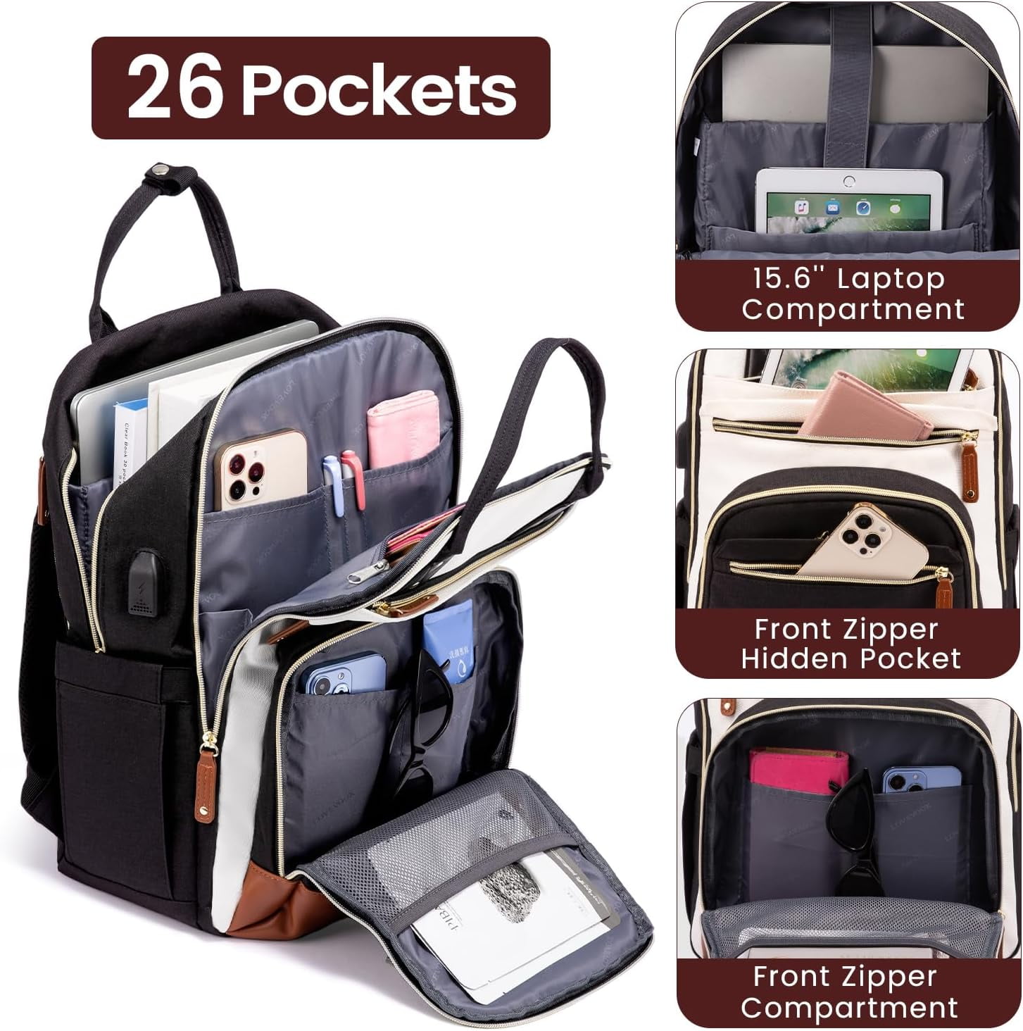 Lovevook Women's USB Charging Port Nylon 15.6" Laptop Backpack, Black-Beige