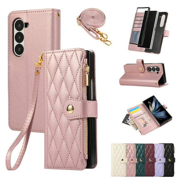 for Samsung Galaxy Z Fold 5 Wallet Case with Zipper Pocket Card Holder & Crossbody Lanyard Strap & Wrist Strap, Flip Stand PU Leather Magnetic Folio Purse Case for Samsung Galaxy Z Fold 5, Rosegold